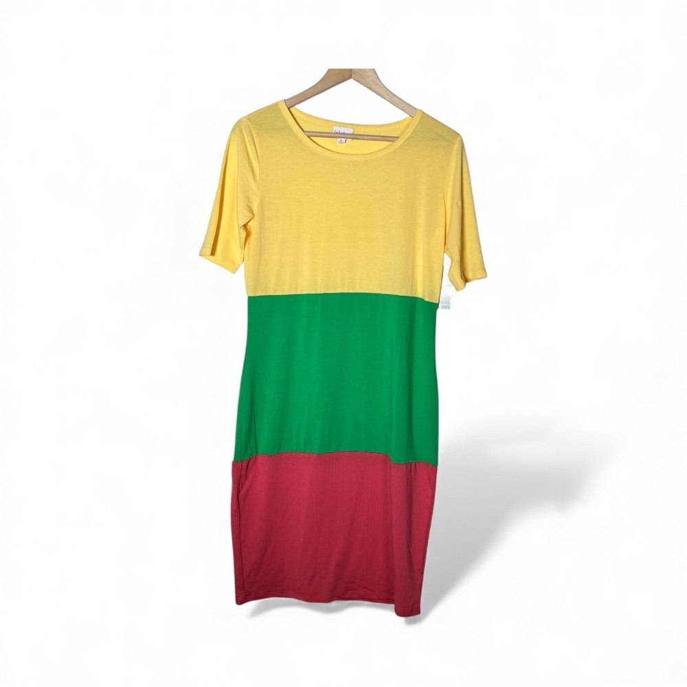 NWT Lularoe yellow green pink color black midi dress size medium M B168